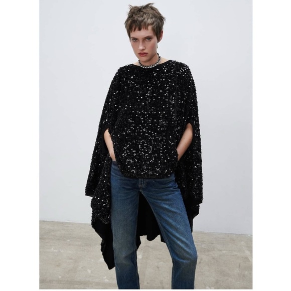 Rare and hard to find ZARA LIMITED EDITION SEQUIN CAPE / WOOL KNIT PONCHO BLACK - Picture 4 of 17